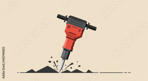 Jackhammer breaking solid surface. Red and black construction tool impacting ground