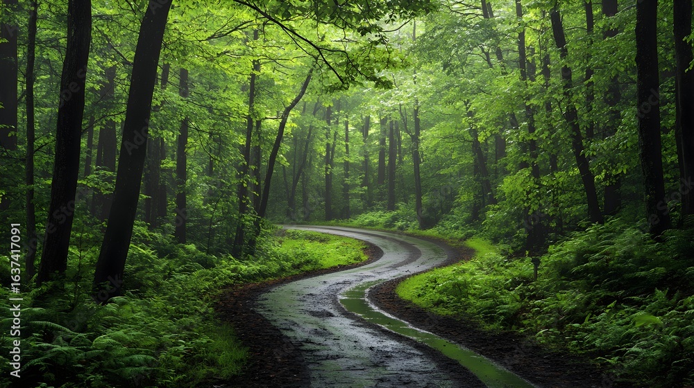 Fototapeta premium Tranquil Curved Forest Road After Rain Lush Green Canopy