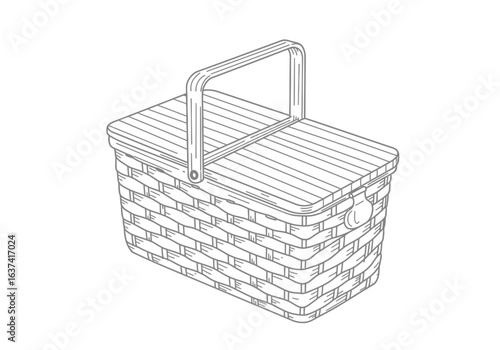 Woven picnic basket with a wooden slatted hinged lid and handle isolated on a white background