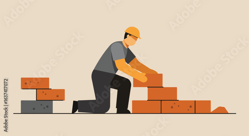 Vector illustration of worker laying brick on the ground to construct brick wall