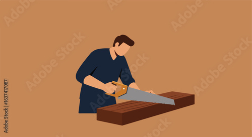 Carpenter is sawing wood block, wearing dark blue shirt, plain background