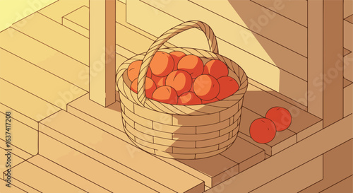 Basket of peaches on wood floor, sunlight behind for produce ad, presentation