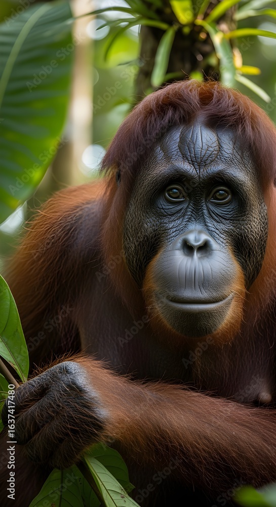 Fototapeta premium Close up of Female Sumatran Orangutans (pongo pygmaeus) is a subspecies of Sumatra, in rainforest, Sumatra, Indonesia. 