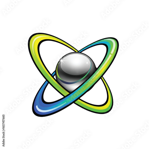 A stylized graphic of a reflective sphere encircled by colorful, intersecting orbital rings.