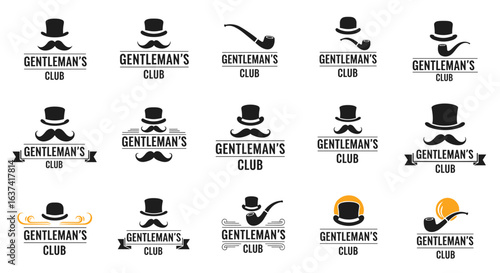 Exclusive gentleman's club emblematic designs featuring top hats and mustaches for distinguished gatherings and social clubs
