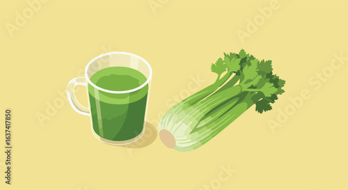 Celery juice in glass with whole celery on a flat surface. For healthy living