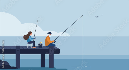 Two people are fishing together on the pier on a light blue background with birds