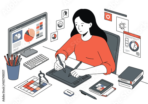 Graphic designer creates visual concepts at desk with graphs and charts