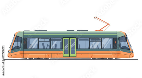 Modern Green and Orange Tram Illustration for Urban Transportation