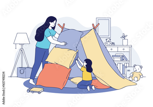 Mom and daughter making a pillow fort at home, toys on shelves visible. Use Children's illustration