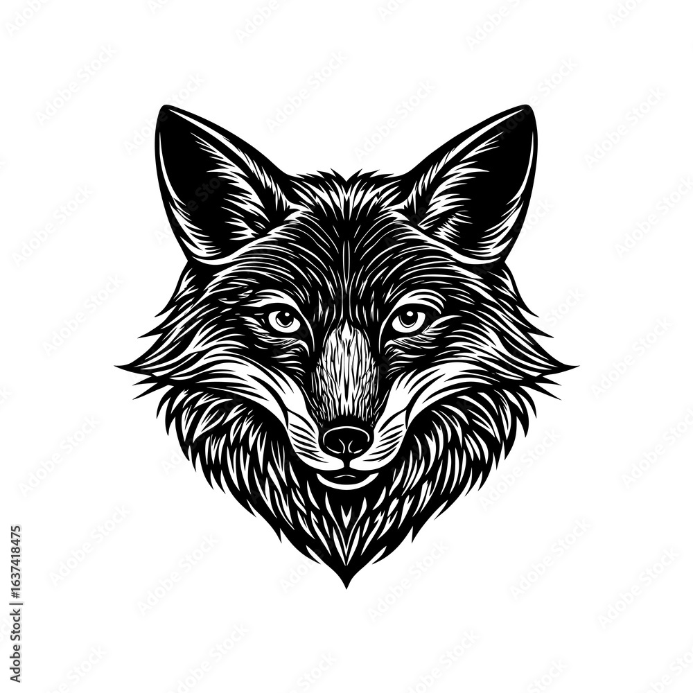 Naklejka premium A detailed black and white illustration of a fox head, showcasing its fur texture and sharp facial features.