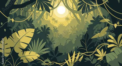 Lush jungle canopy bathed in golden sunlight with dense foliage and hanging vines creating a serene natural landscape