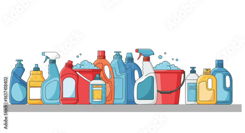 Collection of household cleaning products bottles and buckets with bubbles on a shelf