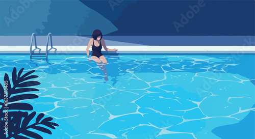 Illustration of a woman in a swimsuit at a pool, palm leaves near metal ladder