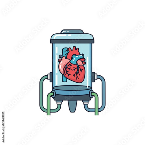 A stylized illustration of a human heart preserved inside a glass container.