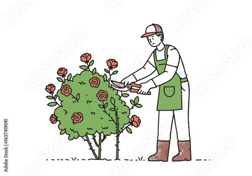 Gardener Pruning Roses A person in overalls trimming a rose bush in a yard