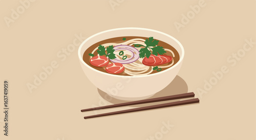 A bowl of noodle soup with sliced meat, green onion, parsley & red onion on beige