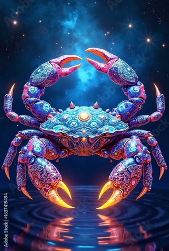 Psychedelic Cancer Zodiac Crab with Neon Fractals and Glowing Mandalas, Cosmic DMT Art