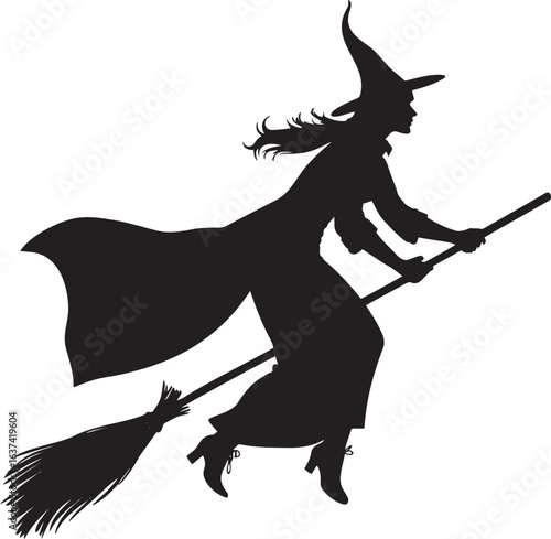 Halloween witch flying silhouette with broomstick vector illustration isolated on white background