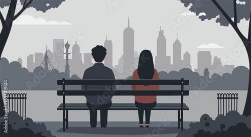 Couple, back view, sits on a bench.  Skyscrapers rise. Tree silhouette surrounds scene