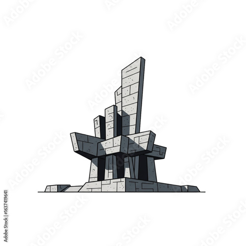 A stylized illustration of a monumental stone structure, resembling a futuristic or ancient throne.