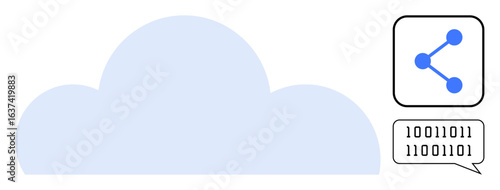 Cloud shape with connected node symbol and binary code speech bubble. Ideal for technology, data sharing, networking, cloud storage, communication, innovation, and simple landing page