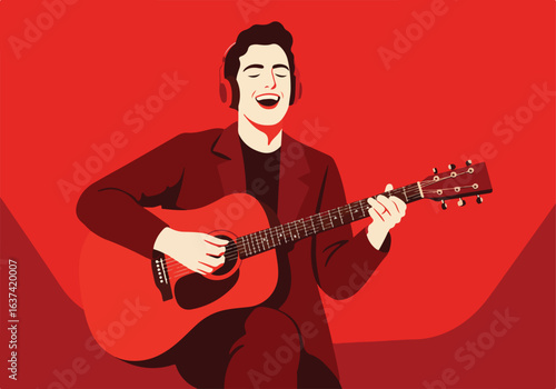 Man with headphones plays acoustic guitar on red background, eyes closed, enjoying music