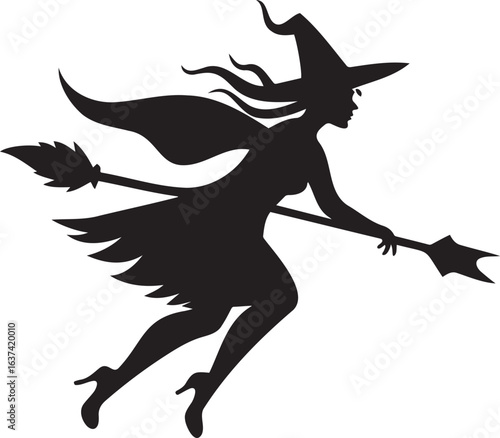  Halloween witch flying silhouette with broomstick vector illustration isolated on white background