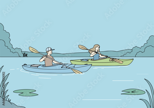 Couple paddling kayaks on a lake. Trees and hills are in the background