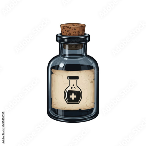 Illustration depicts a dark glass bottle with a cork stopper and a medical symbol.