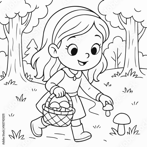 Girl picking mushrooms with basket in a forest clearing, coloring book for kids 