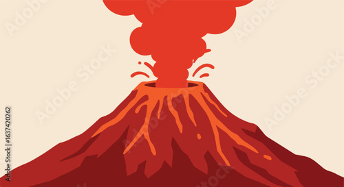 Orange volcano erupts, bright lava flowing down. Smoke plumes fill the space above