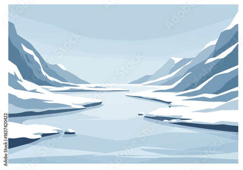 Graphic winter fjord scene showing snowy cliffs, calm water. Illustrative
