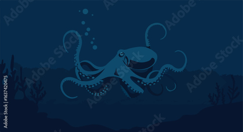 Octopus swimming deep underwater with bubbles and silhouette seabed scenery
