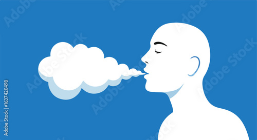White figure exhaling a cloud on a solid blue backdrop, minimal and clean