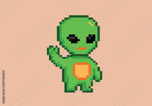 Pixelated Green Alien Waving On Plain Background For Gaming Or Comic Use