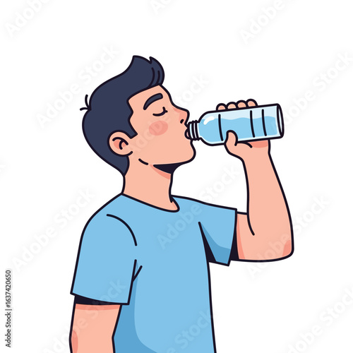 Young man in a blue tshirt drinking water from a bottle with closed eyes.