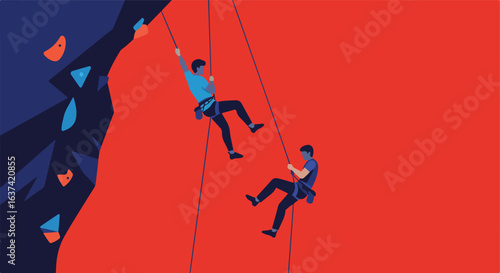 Climbers rappelling down a rock face, supported by safety ropes, bright red background