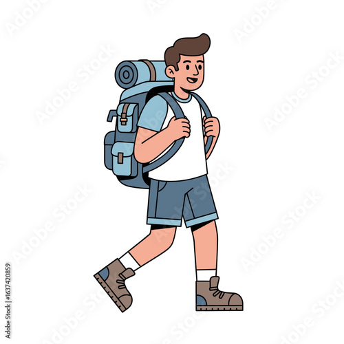 Happy young male hiker character walking in profile with a large blue travel backpack.