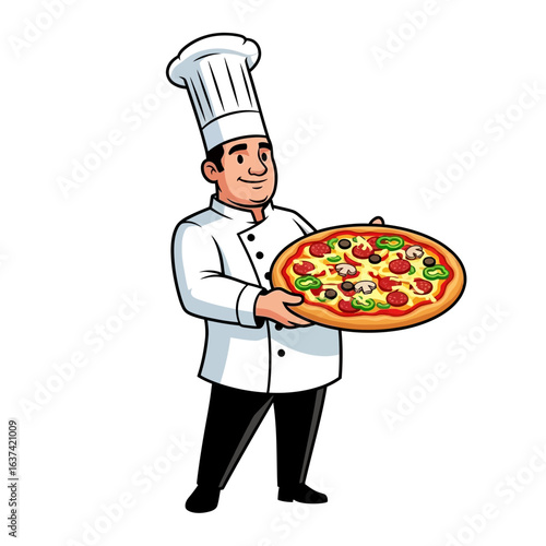 Friendly cartoon chef in a white uniform and toque hat proudly holding a supreme pizza.