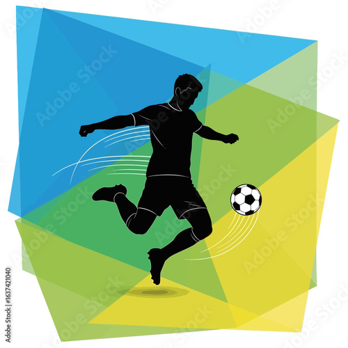 Dynamic black silhouette of a soccer player in midair executing a powerful kick with a classic football.