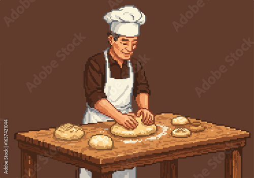 Baker kneading dough at table on brown background, for tutorials, games or retro art