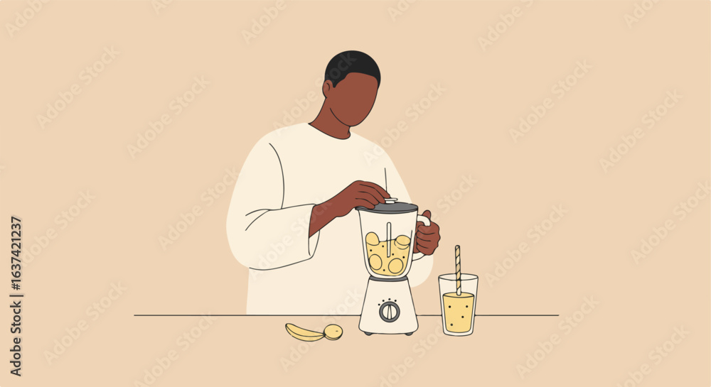Person makes a fruit smoothie with a blender. Glass of smoothie with straw Person makes a fruit smoothie with a blender. Glass of smoothie with straw