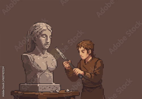 Sculptor chisels bust. Pixel art depicts art creation in a simple background setting