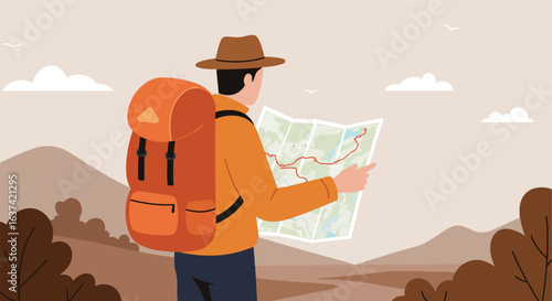 Hiker views map with orange backpack. Landscape in earth tones, cloudscape and fauna