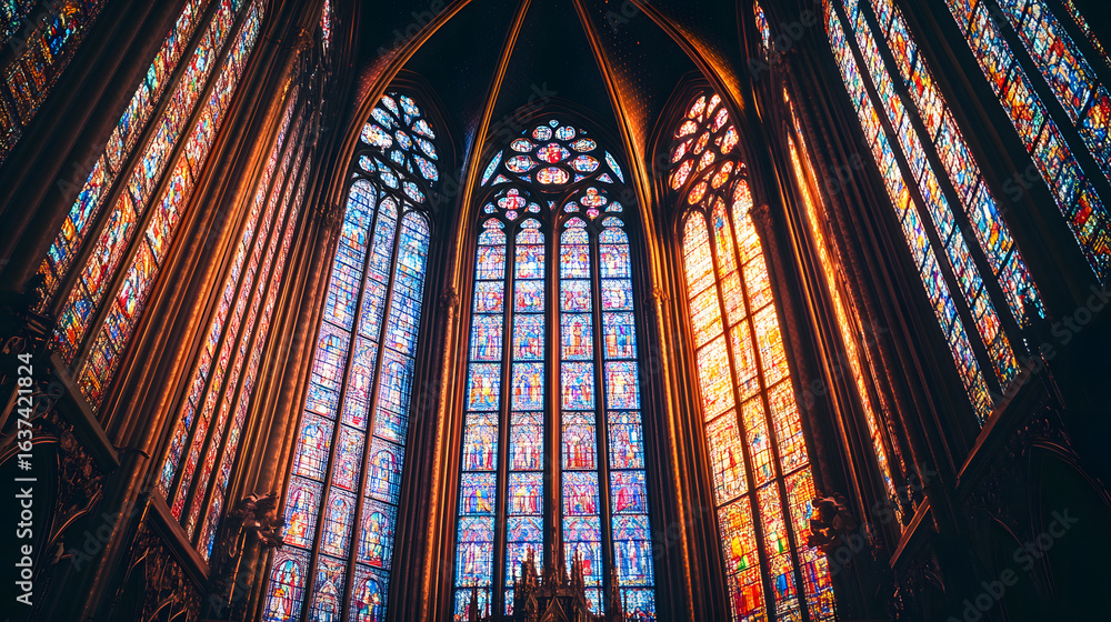 Obraz premium Vibrant Stained Glass Windows in Gothic Cathedral Interior