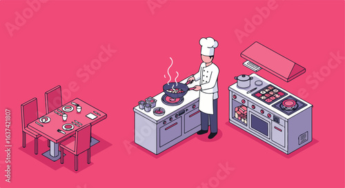 Chef cooks a meal for guests in a restaurant kitchen with food on the stove