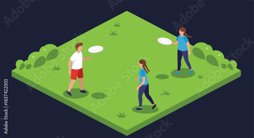 People throwing disc on grass isometric scene, with dark background, use recreation