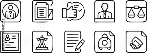 Collection of hand drawn business and legal icons on white background handshake document