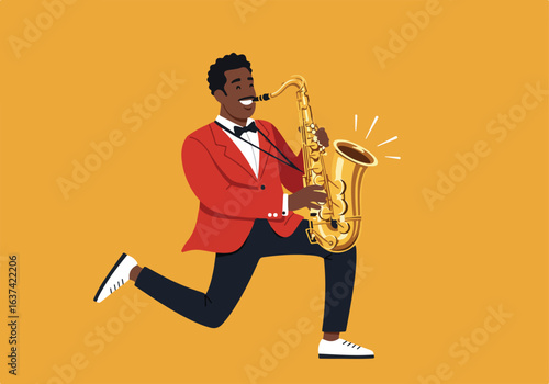Running musician playing sax on solid background for entertainment or creative arts